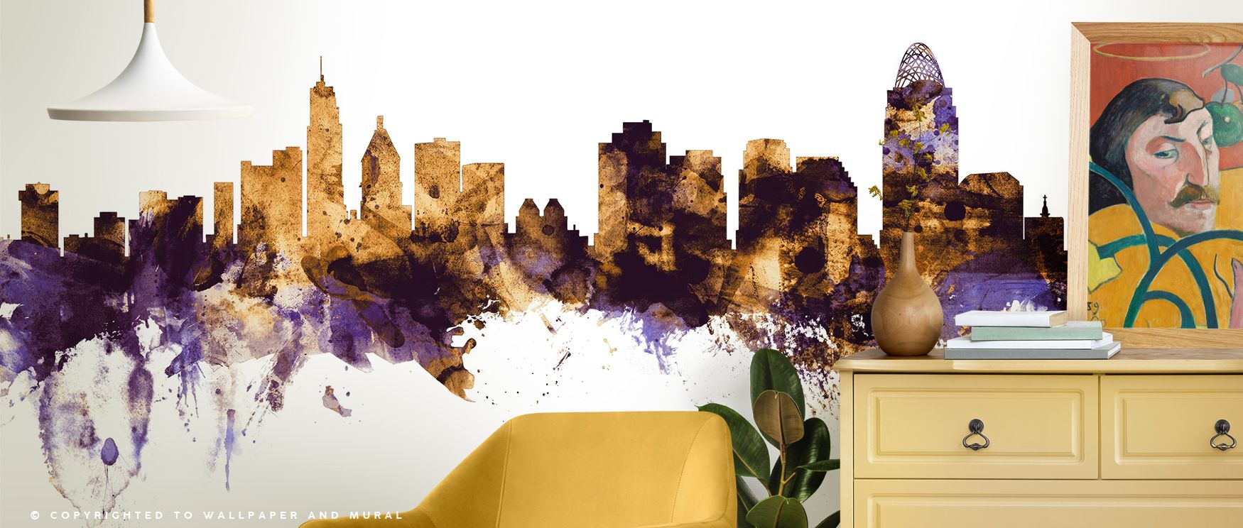 Radiance thrives in Cincinnati Ohio Skyline Purple & Gold Wallpaper through layered tones, enriching bedrooms or lounges with atmosphere enriched by cultural resonance, luminous refinement, and timeless sophistication, shaping interiors into poised herita