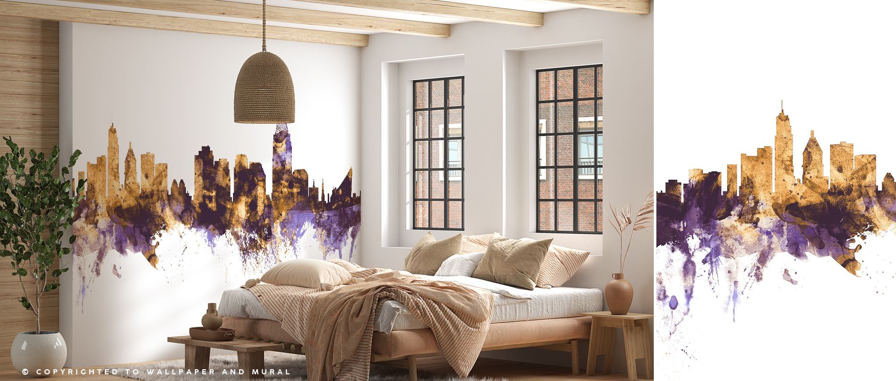 Grandeur shines in Cincinnati Ohio Skyline Purple & Gold Wallpaper through golden accents, enriching lounges or dining rooms with atmosphere enriched by cultural resonance, luminous refinement, and timeless sophistication, turning interiors into poised en