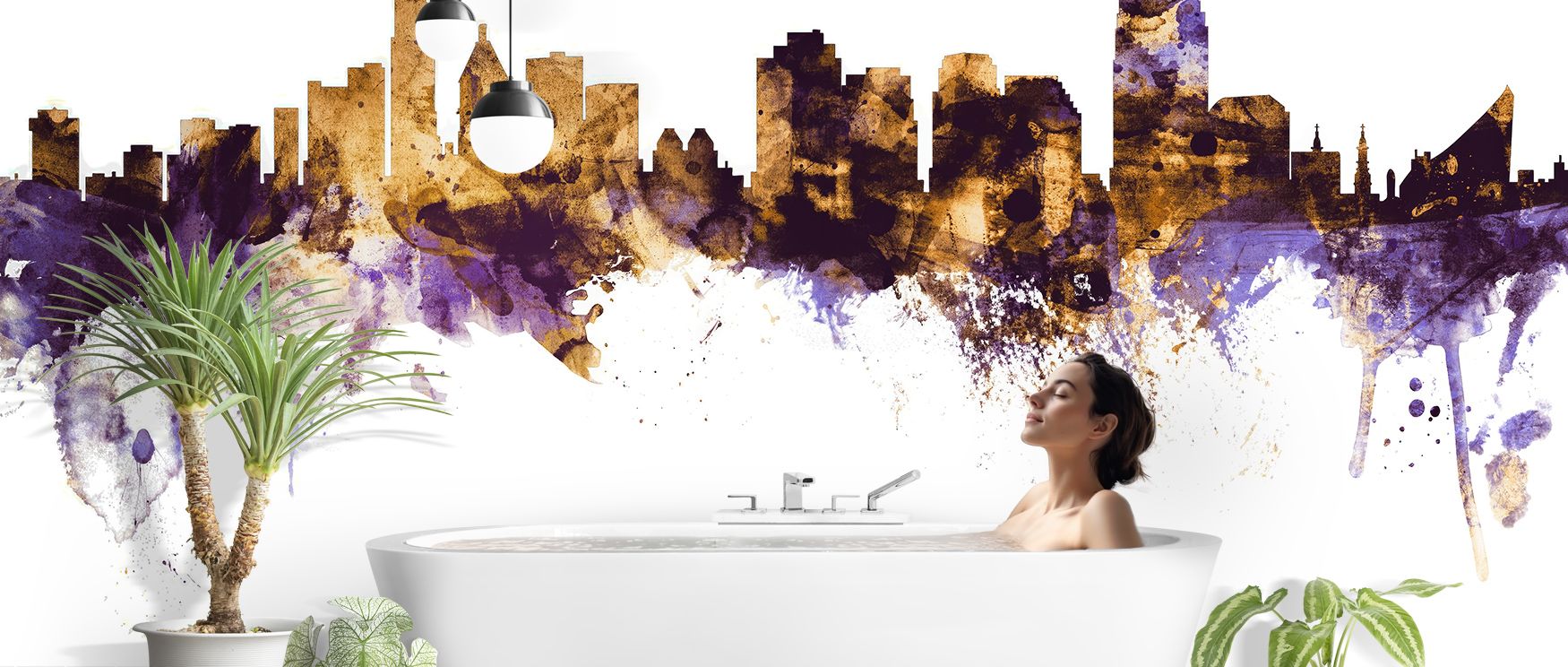 Balance reflects in Cincinnati Ohio Skyline Purple & Gold Wallpaper across skyline tones, enriching bedrooms or lounges with atmosphere enriched by cultural resonance, luminous refinement, and timeless resonance, nurturing interiors into elegant artistic 