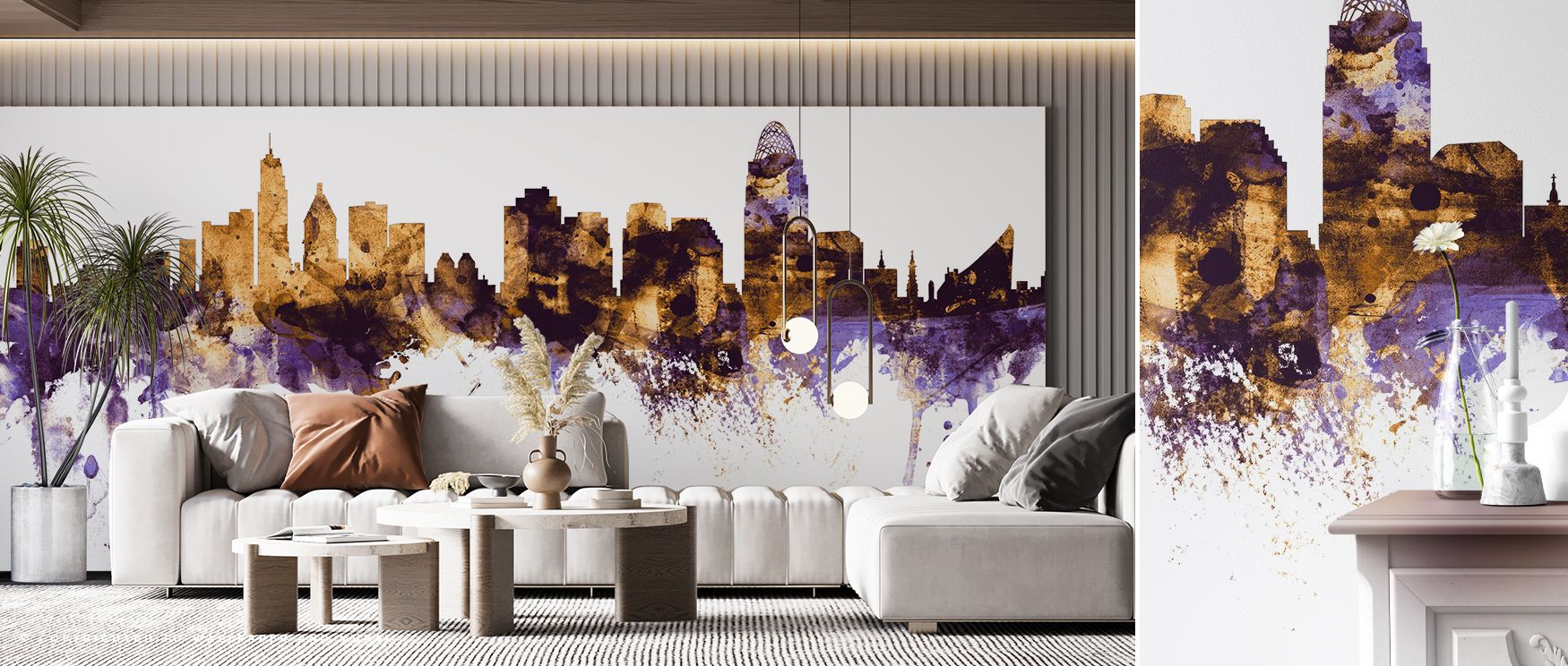Serenity blooms in Cincinnati Ohio Skyline Purple & Gold Wallpaper through radiant contours, enriching bedrooms or dining spaces with atmosphere enriched by cultural resonance, luminous refinement, and timeless resonance, creating interiors transformed in
