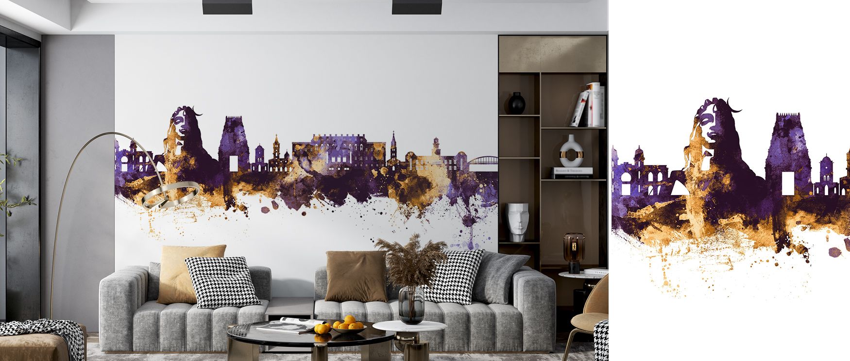 Permanence radiates in Coimbatore India Skyline Purple & Gold Wallpaper through dramatic tones, enriching bedrooms or dining spaces with atmosphere enriched by cultural resonance, luminous refinement, and timeless sophistication, shaping interiors into he