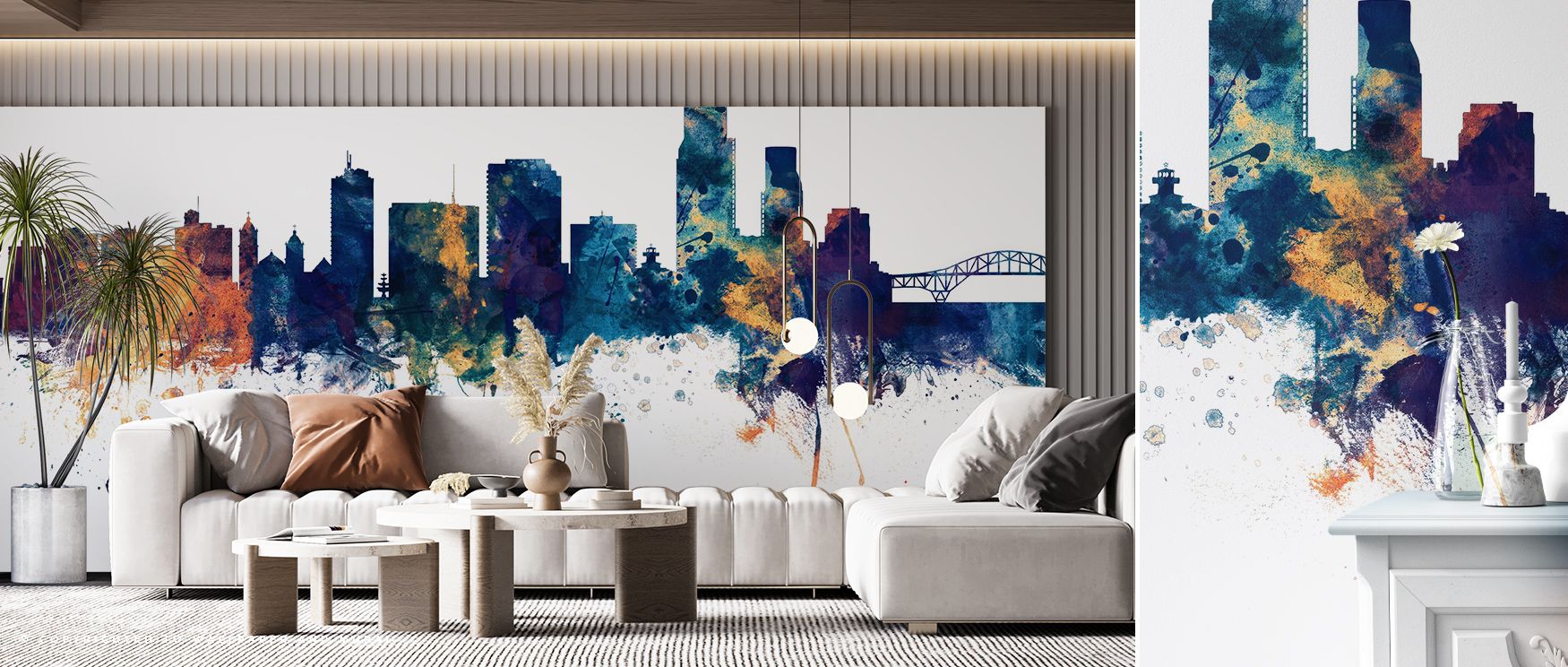 Elegance develops in Corpus Christi Texas Skyline Blue & Bronze Wallpaper through bronze and blue tones, enriching bedrooms or dining rooms with atmosphere enriched by cultural resonance, luminous refinement, and timeless resonance, turning interiors into