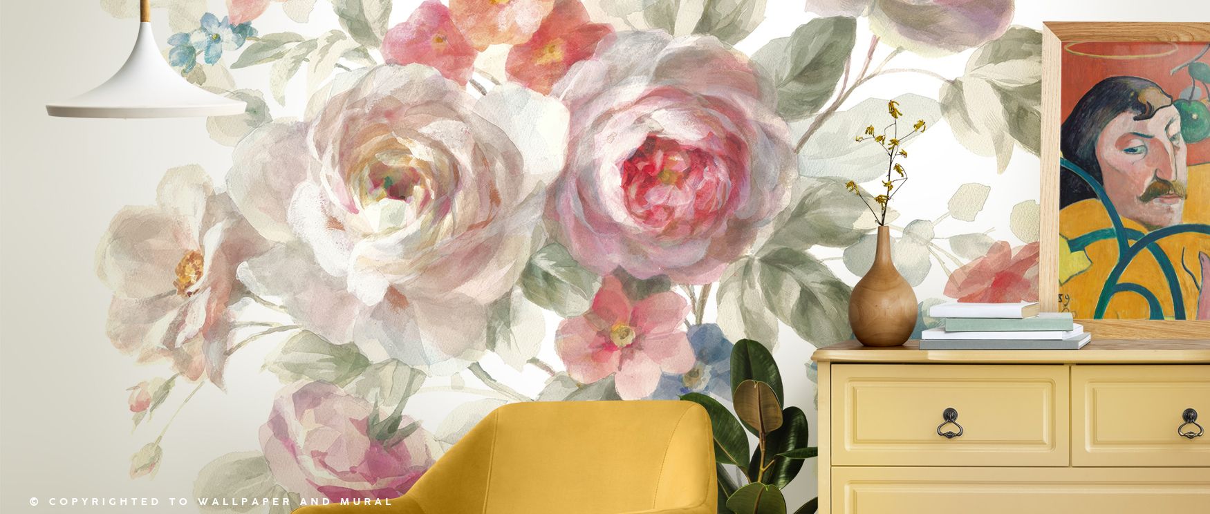 Balance reflects in Cottage Garden on White Wallpaper across layered blossoms, enriching living rooms or lounges with atmosphere enriched by cultural resonance, floral refinement, and timeless sophistication, shaping interiors into poised artistic environ