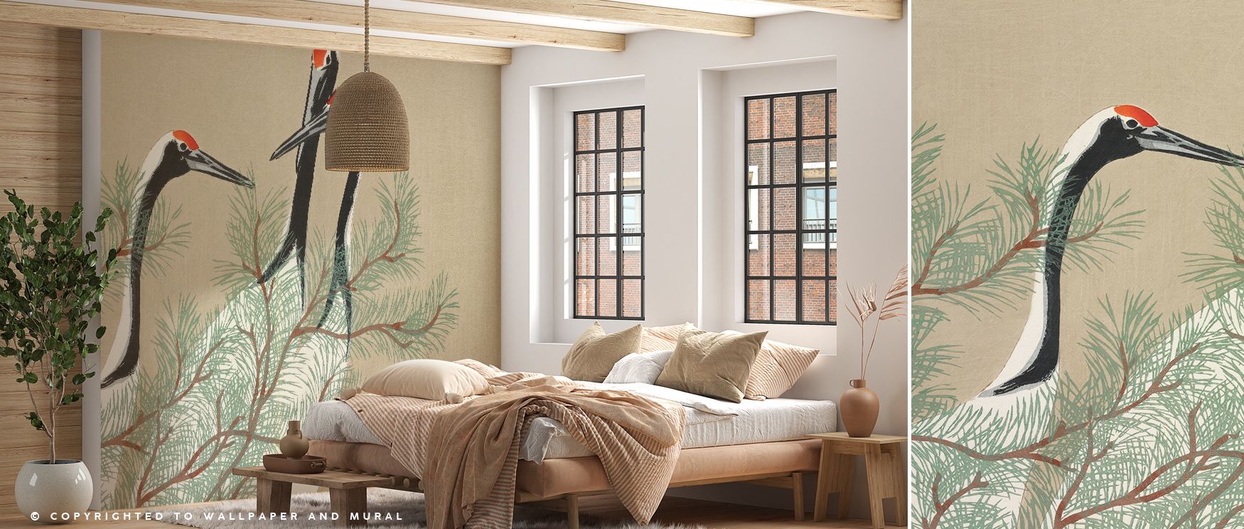Crane elegance blooms in Cranes From Momoyogusa Wallpaper across delicate tones, surrounding living rooms or bedrooms with atmosphere enriched by cultural resonance, artistic refinement, and timeless resonance, nurturing interiors into poised cultural exp