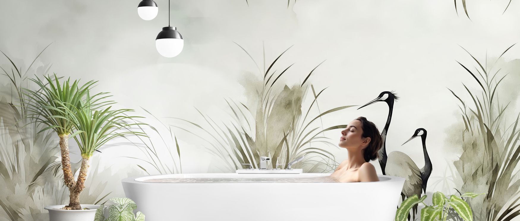 Whimsical resonance thrives in Cranes in a Field Green Wallpaper through delicate imagery, enriching bedrooms or lounges with atmosphere enriched by cultural resonance, playful refinement, and timeless charm, shaping interiors into poised artistic spaces 