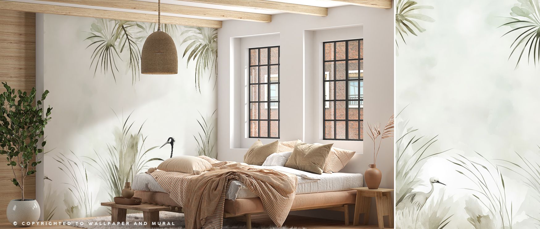 Crane artistry blooms in Cranes in a Field Green Wallpaper through layered green tones, surrounding living rooms or bedrooms with atmosphere enriched by cultural resonance, playful refinement, and timeless resonance, nurturing interiors into whimsical art
