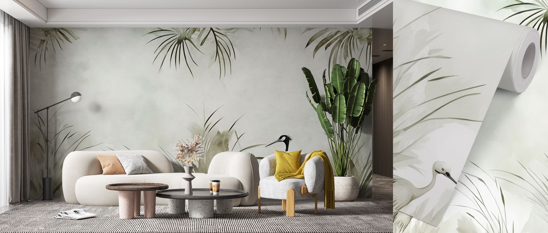 Serenity develops in Cranes in a Field Green Wallpaper through rhythmic silhouettes, enriching lounges or dining rooms with atmosphere enriched by cultural resonance, playful refinement, and timeless charm, shaping interiors into poised artistic environme