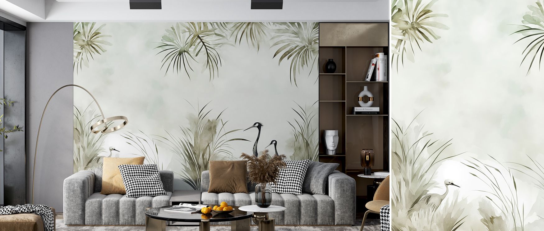 Grandeur thrives in Cranes in a Field Green Wallpaper through green silhouettes, enriching bedrooms or living rooms with atmosphere enriched by cultural resonance, playful refinement, and timeless resonance, shaping interiors into poised cultural expressi