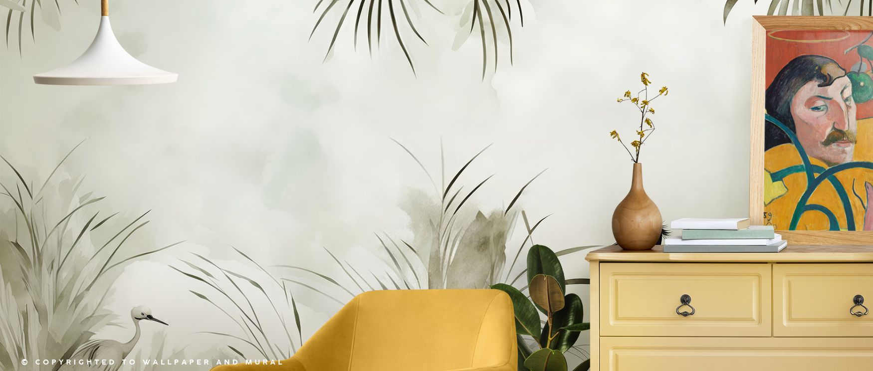 Balance reflects in Cranes in a Field Green Wallpaper across green tones, enriching living rooms or lounges with atmosphere enriched by cultural resonance, playful refinement, and timeless resonance, shaping interiors into poised cultural expressions fill