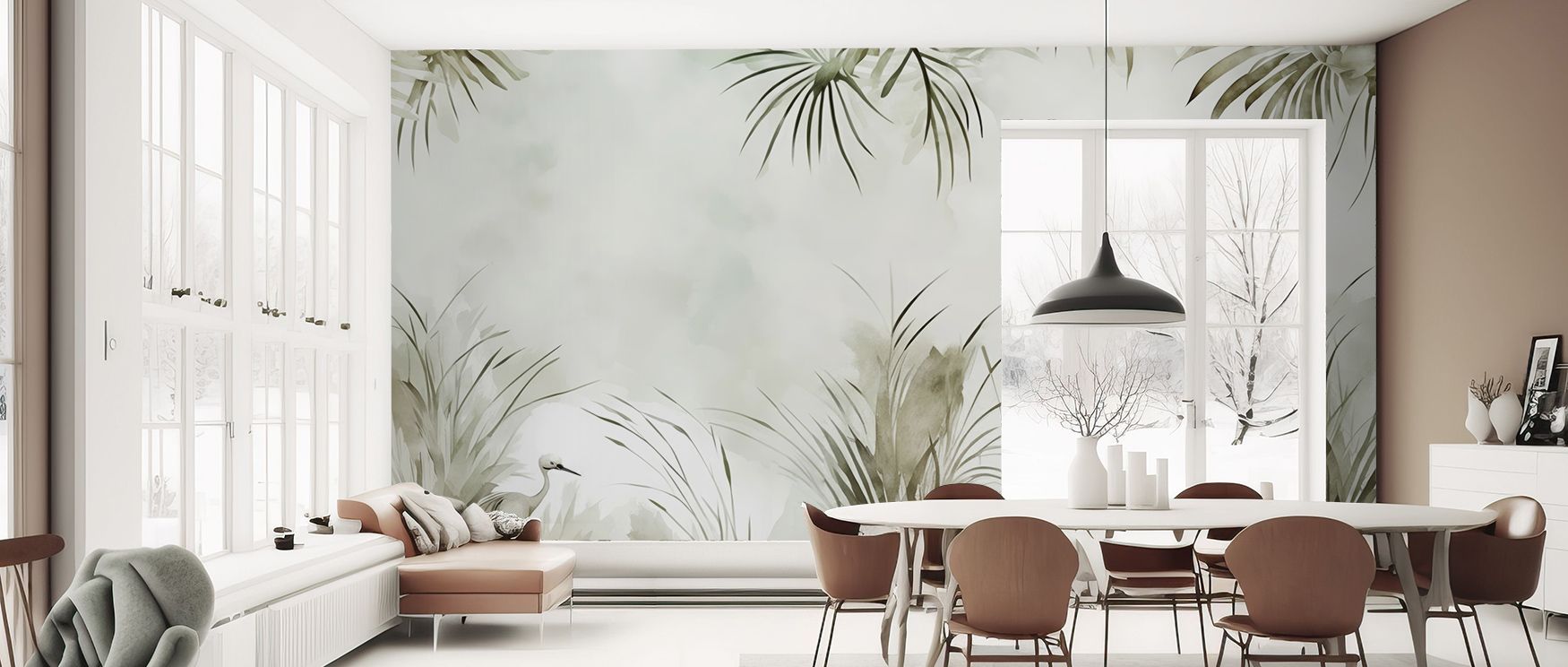 Elegance shines in Cranes in a Field Green Wallpaper through crane motifs, enriching bedrooms or dining rooms with atmosphere enriched by cultural resonance, playful refinement, and timeless resonance, shaping interiors into whimsical environments enriche