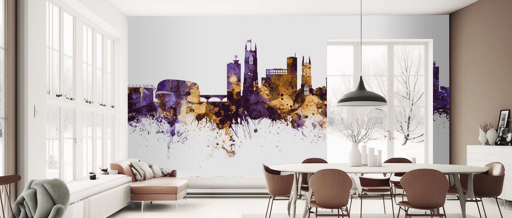 Depth develops in Derby England Skyline Purple & Gold Wallpaper across skyline silhouettes, enriching bedrooms or living rooms with atmosphere enriched by cultural resonance, radiant refinement, and timeless resonance, shaping interiors into poised herita