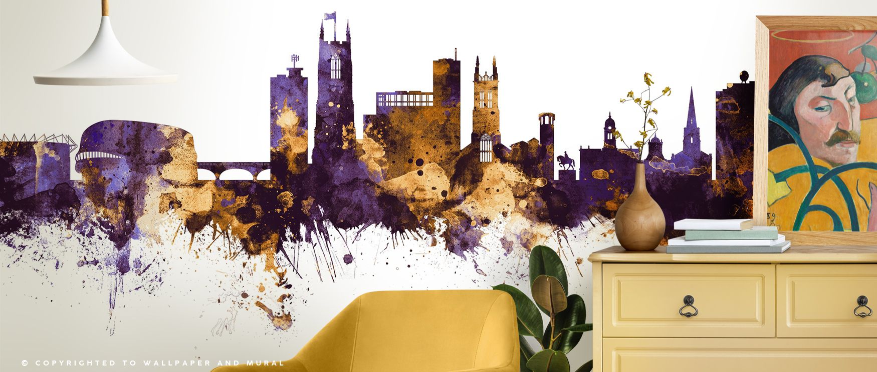 Luminous resonance thrives in Derby England Skyline Purple & Gold Wallpaper across skyline tones, enriching bedrooms or lounges with atmosphere enriched by cultural resonance, radiant refinement, and timeless sophistication, shaping interiors into poised 