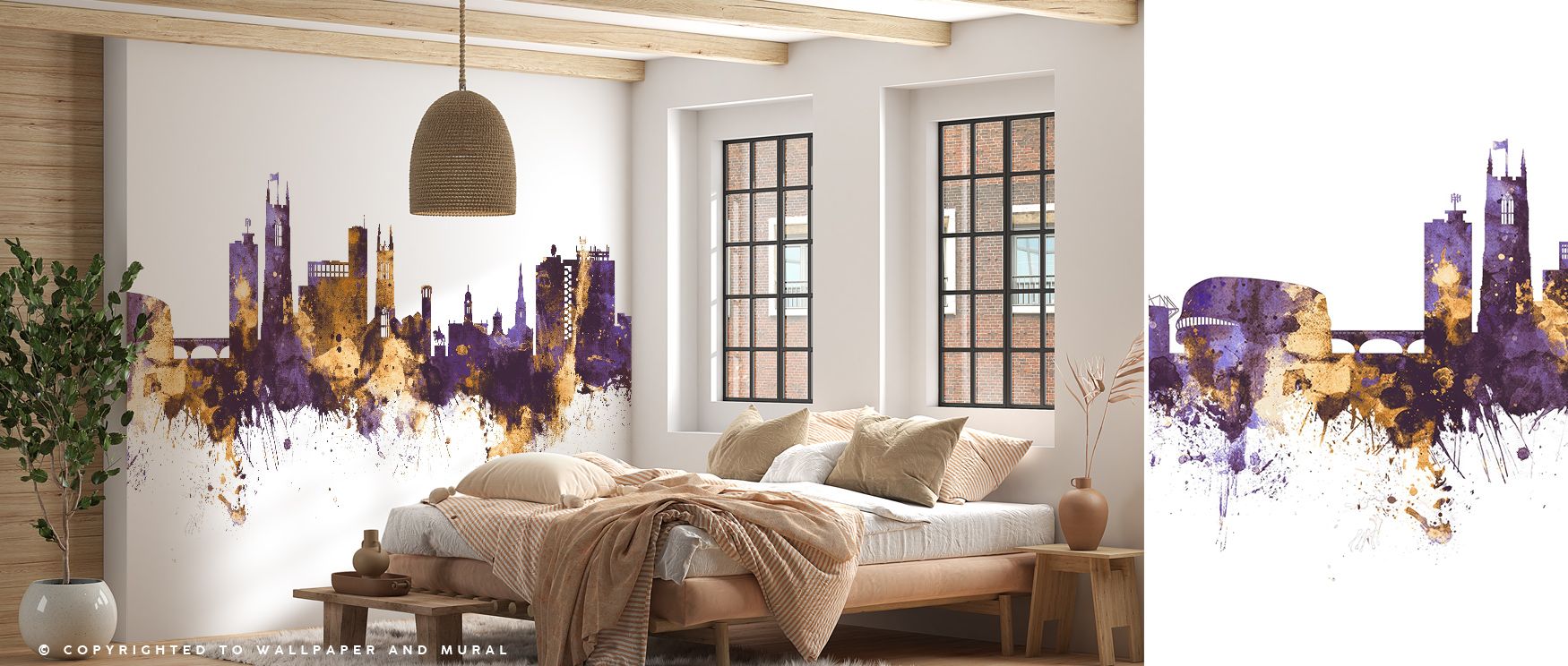 Skyline elegance develops in Derby England Skyline Purple & Gold Wallpaper through purple silhouettes, surrounding living rooms or bedrooms with atmosphere enriched by cultural resonance, radiant refinement, and timeless resonance, nurturing interiors int