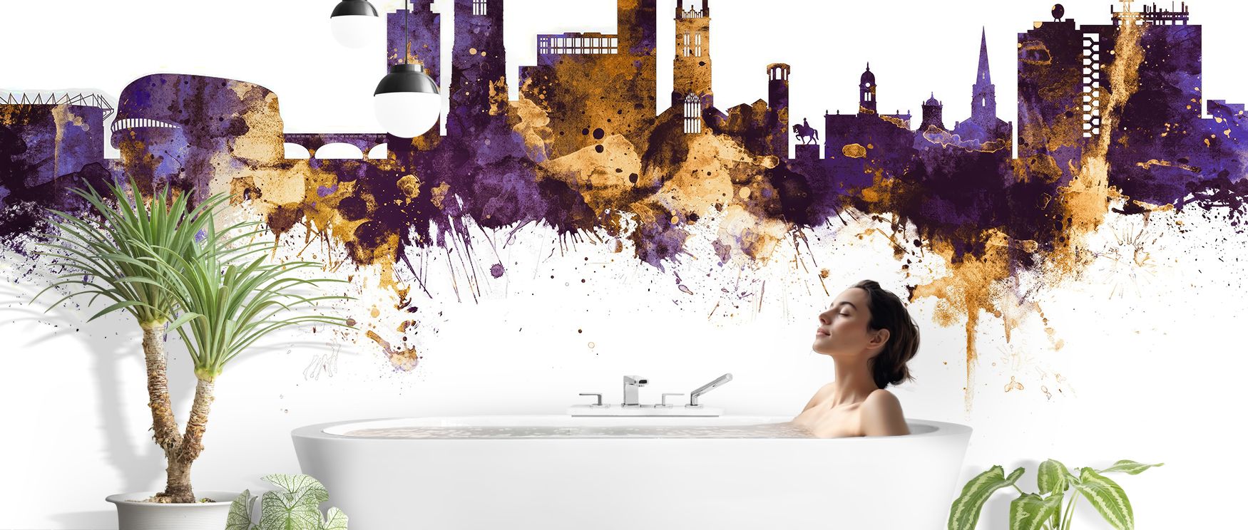 Grandeur shines in Derby England Skyline Purple & Gold Wallpaper across golden layers, enriching lounges or dining rooms with atmosphere enriched by cultural resonance, radiant refinement, and timeless sophistication, shaping interiors into poised cultura