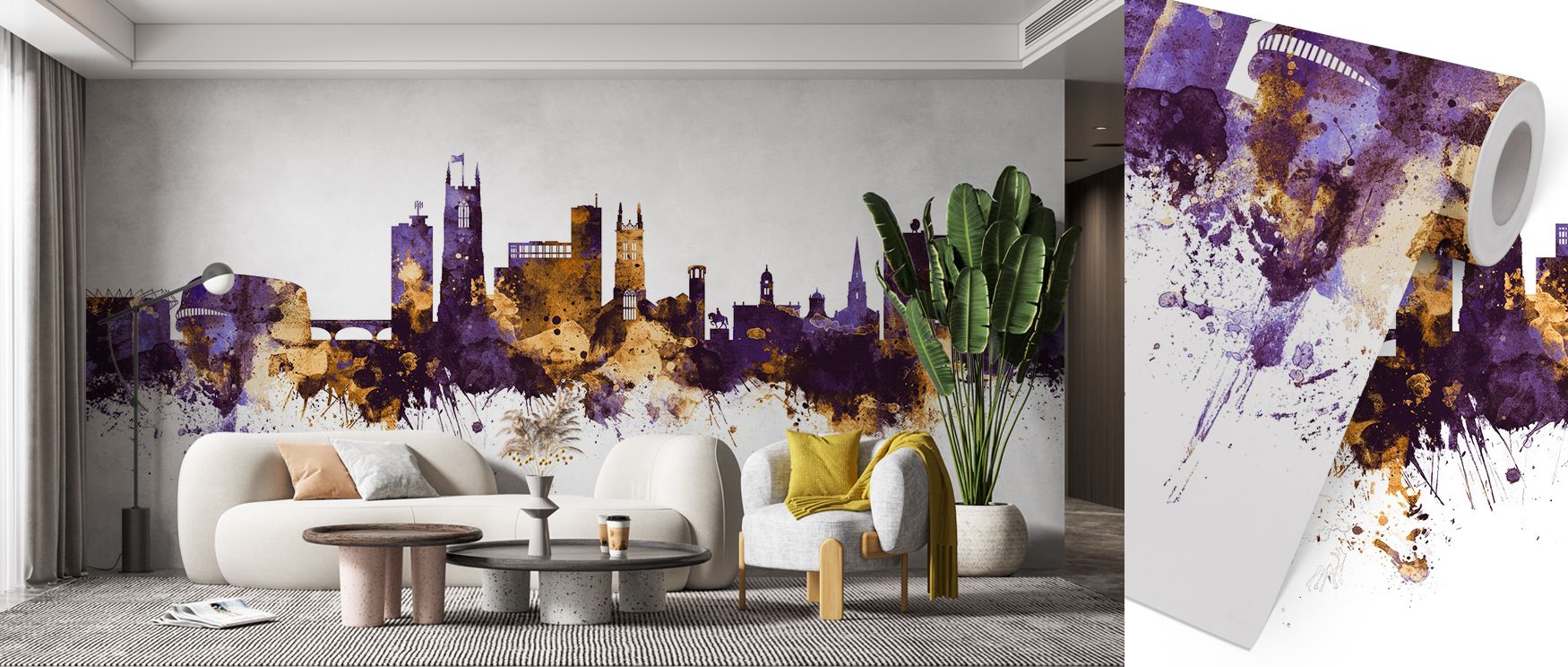 Serenity blooms in Derby England Skyline Purple & Gold Wallpaper through radiant tones, enriching bedrooms or lounges with atmosphere enriched by cultural resonance, radiant refinement, and timeless resonance, nurturing interiors into calm heritage-inspir