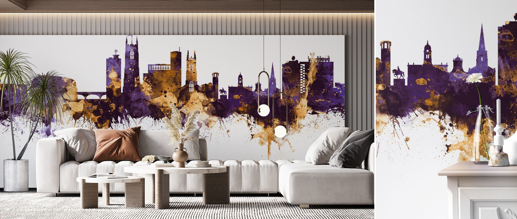 Balance thrives in Derby England Skyline Purple & Gold Wallpaper through skyline details, enriching living rooms or lounges with atmosphere enriched by cultural resonance, radiant refinement, and timeless resonance, shaping interiors into poised environme