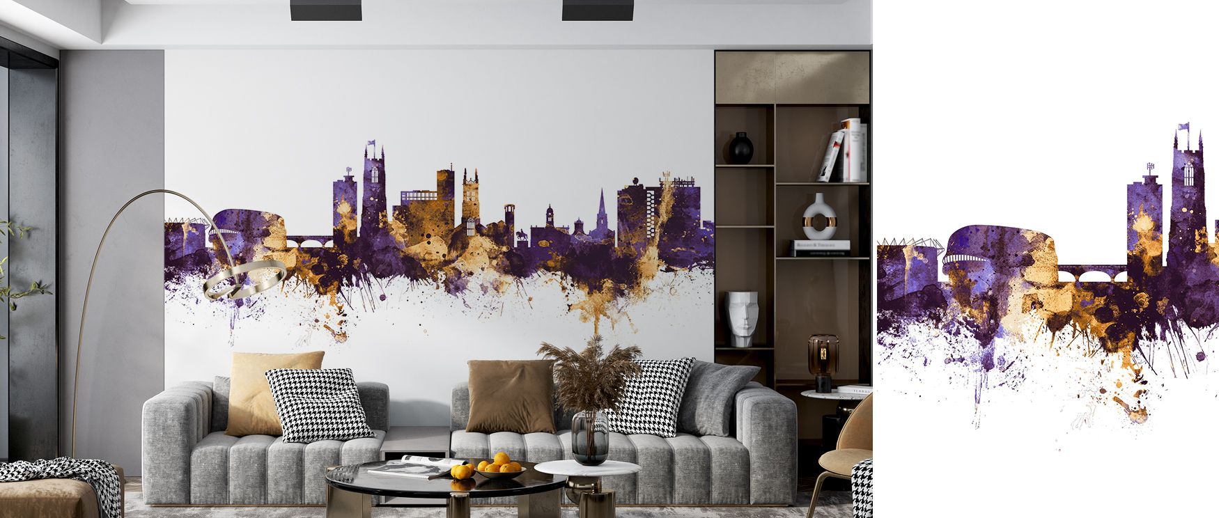 Elegance appears in Derby England Skyline Purple & Gold Wallpaper through luminous skyline imagery, enriching lounges or bedrooms with atmosphere enriched by cultural resonance, radiant refinement, and timeless resonance, nurturing interiors into poised c