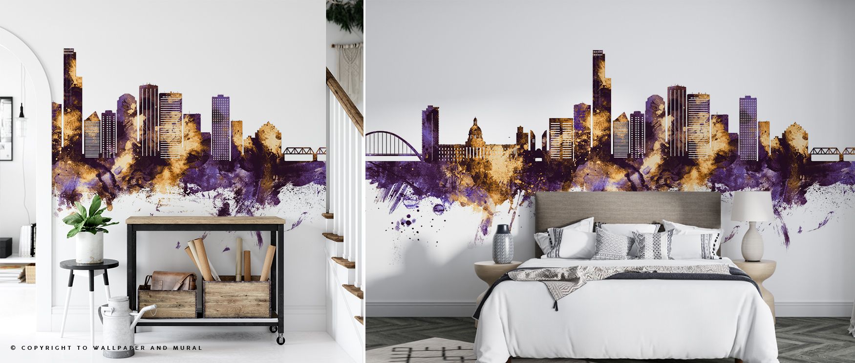 Depth reflects in Edmonton Canada Skyline Purple & Gold Wallpaper through skyline imagery, enriching living rooms or lounges with atmosphere enriched by cultural resonance, radiant refinement, and timeless resonance, shaping interiors into poised heritage