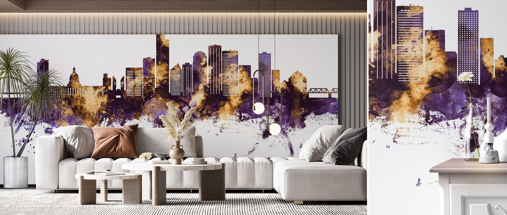 Elegance appears in Edmonton Canada Skyline Purple & Gold Wallpaper across luminous skyline details, enriching lounges or bedrooms with atmosphere enriched by cultural resonance, radiant refinement, and timeless resonance, nurturing interiors into poised 