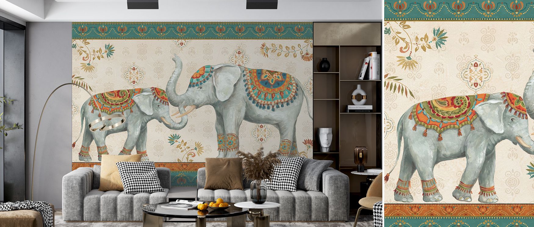 Atmosphere flourishes in Elephant Walk I Wallpaper across elephant details, enriching bedrooms or nurseries with atmosphere enriched by cultural resonance, natural refinement, and timeless sophistication, shaping interiors into calm artistic environments.