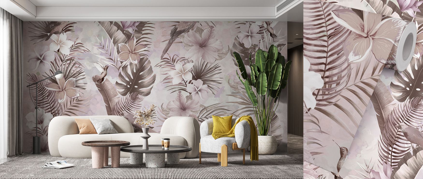 The Exotic Vibes Tropical Paradise Wallpaper embodies lush sophistication, as palms and leaves add depth. Its tones enrich interiors with calm elegance. Bedrooms, offices, or living areas glow with refinement, filled with timeless artistry and tropical ch