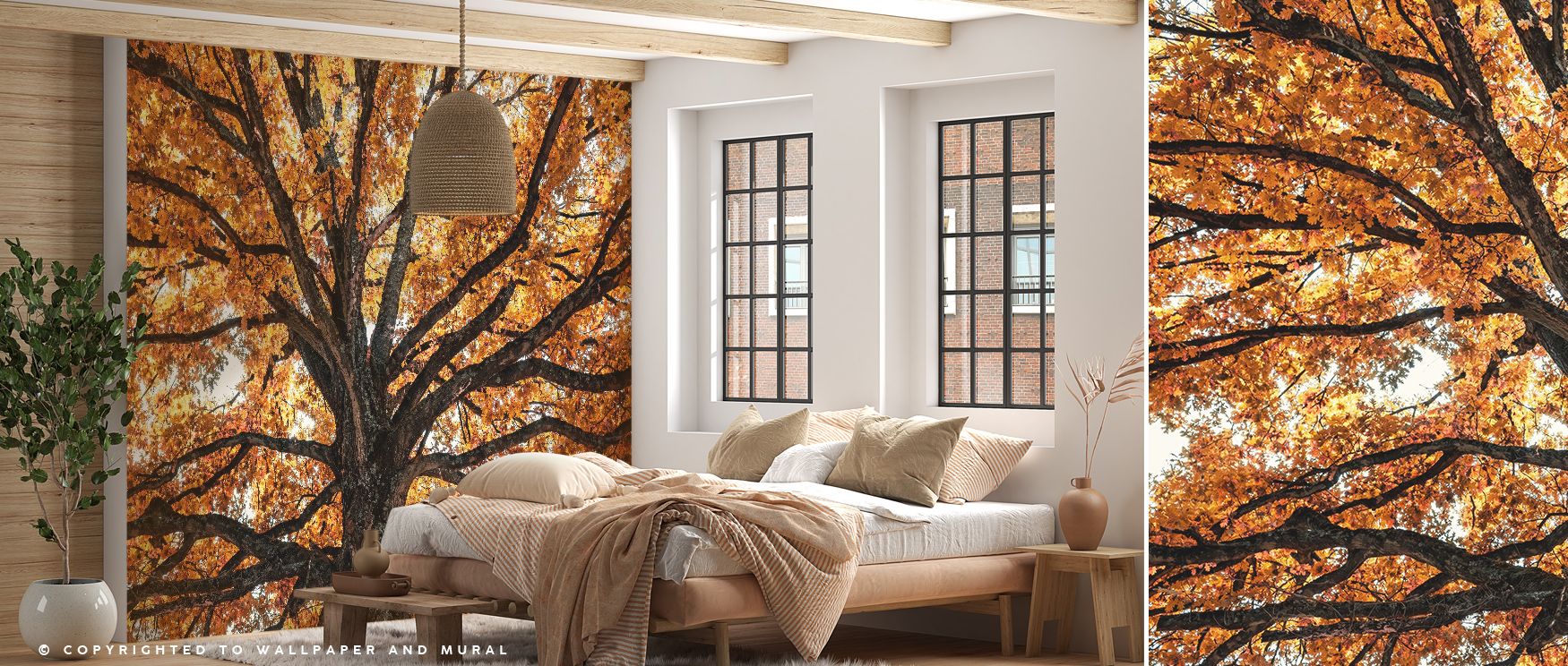 The design of Fall Crown Wallpaper unfolds in golden light, with leaves cascading gently across earthy brown patterns. This seasonal vision surrounds interiors with warmth, filling living rooms or dining spaces with artistry that reflects harvest abundanc