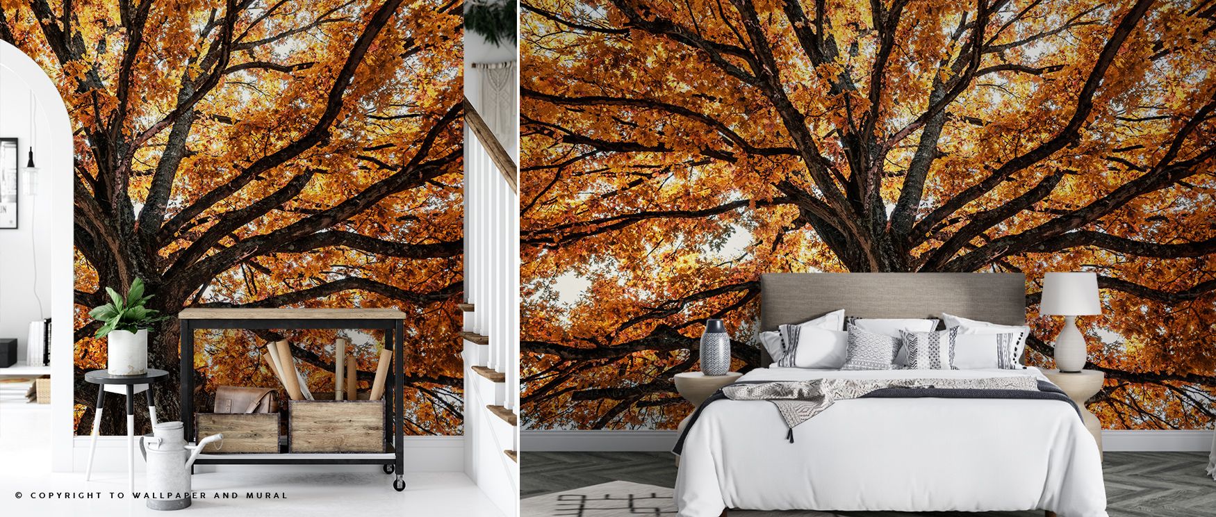 Layers of golden leaves sweep through Fall Crown Wallpaper, arranged with russet undertones to create textured harmony. The pattern fills bedrooms or dining spaces with cozy warmth, elevating interiors into glowing seasonal settings alive with elegance an