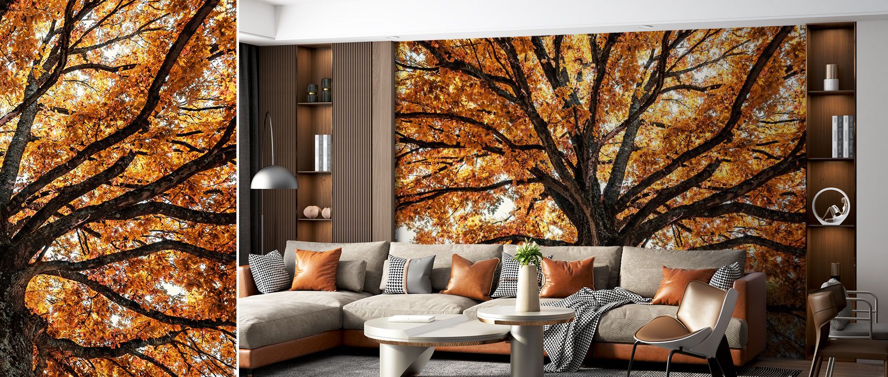 Autumn richness fills Fall Crown Wallpaper through golden tones and earthy textures. Each element blends to form a crown-like design, surrounding living rooms or bedrooms with warmth and seasonal beauty that reflects harvest landscapes with refined artist