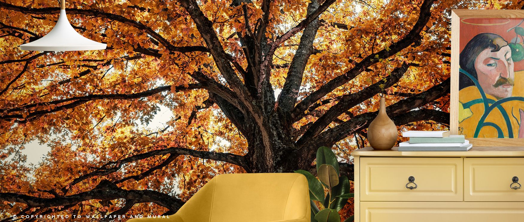 Fall Crown Wallpaper presents golden leaves in intricate arrangement, blending russet highlights into patterns that bring harvest beauty into bedrooms or dining rooms, creating an atmosphere both timeless and inviting. 
