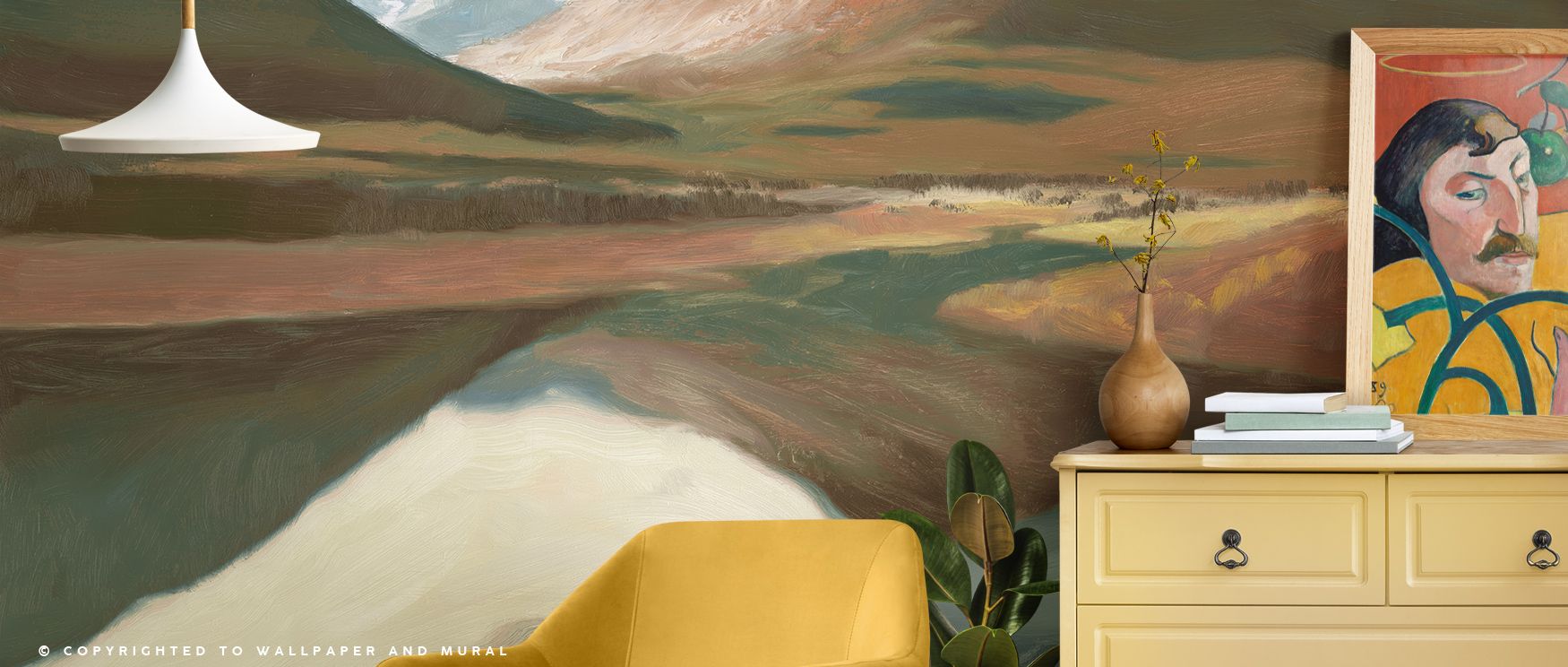 Golden brilliance flows across Fall High North Wallpaper, framed by fiery scarlet leaves. This glowing composition surrounds living rooms or offices with freshness and light, carrying northern clarity and seasonal richness into interiors with refined beau