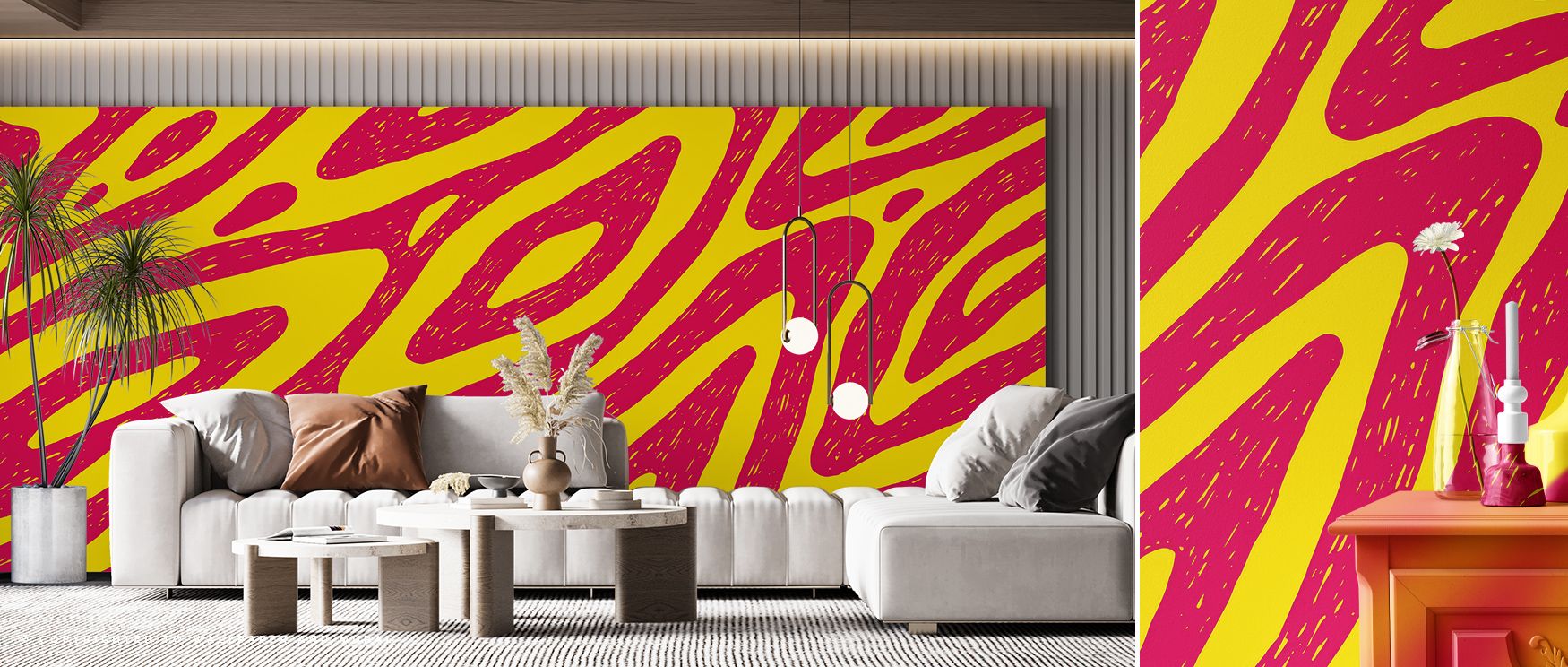 Expressive stripes bring Fantasy Zebra Wallpaper to life, zebras in purple, teal, and coral hues radiating playful charm. This joyful design surrounds nurseries or living spaces with imagination, energy, and whimsical character that elevates everyday inte
