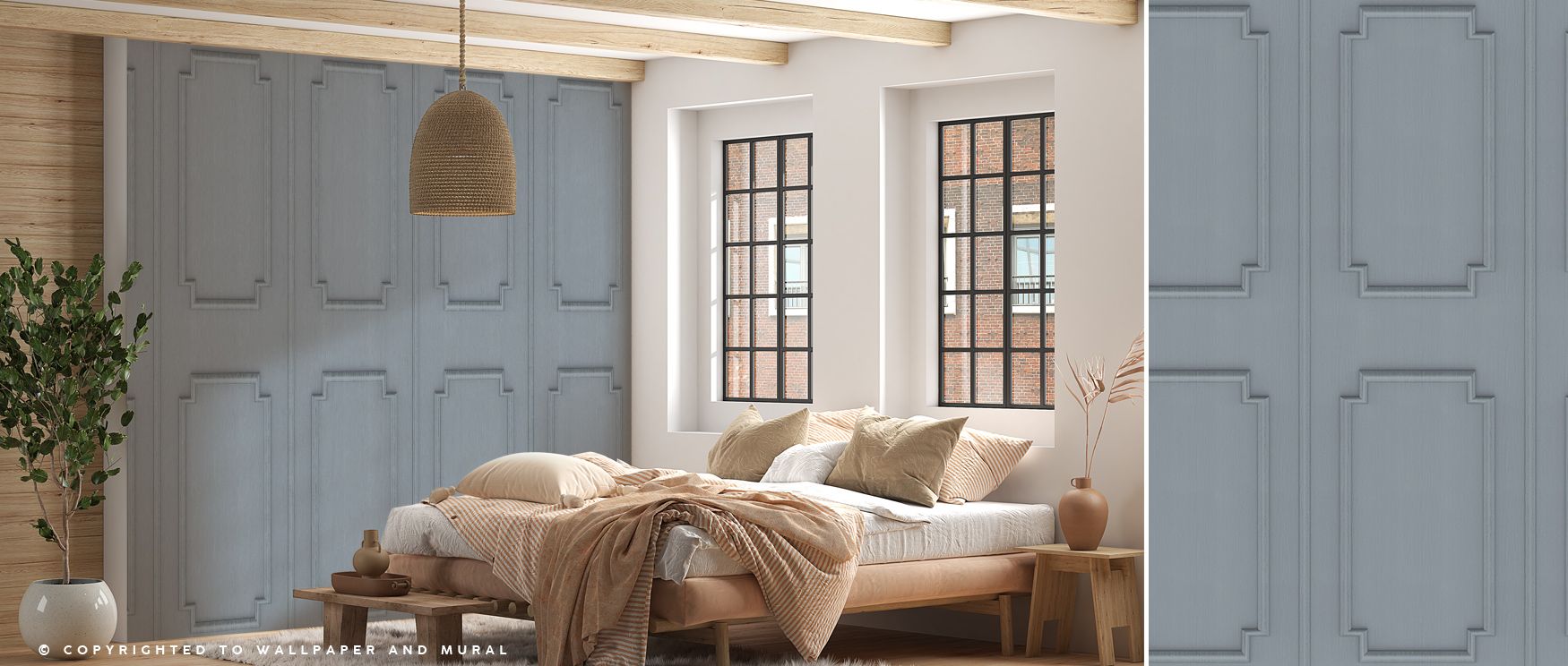 The detail of Faux Wall Panel Moulding, Stone Wallpaper creates illusion of natural stone surfaces. Its balanced grey and ivory tones add refinement to dining rooms or offices, infusing interiors with grounded stability and elegant character of timeless d