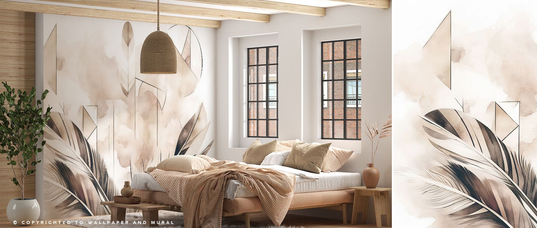 Feather Geometry Yellow Wallpaper glows with radiant tones, patterns of feathers arranged in structured design. This luminous effect enhances living rooms or offices, filling walls with vibrancy, balance, and creative brightness drawn from modern artistry