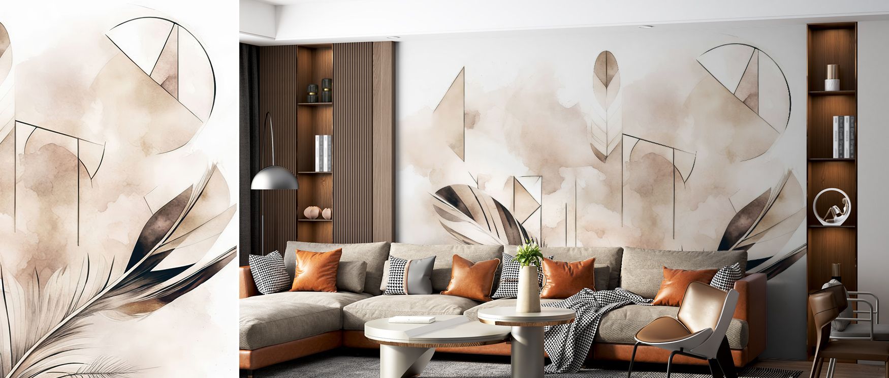 Contemporary brightness characterizes Feather Geometry Yellow Wallpaper, yellow hues arranged in patterned rhythm. The design enhances living rooms or bedrooms, surrounding interiors with vibrancy, artistic character, and cheerful atmosphere. 