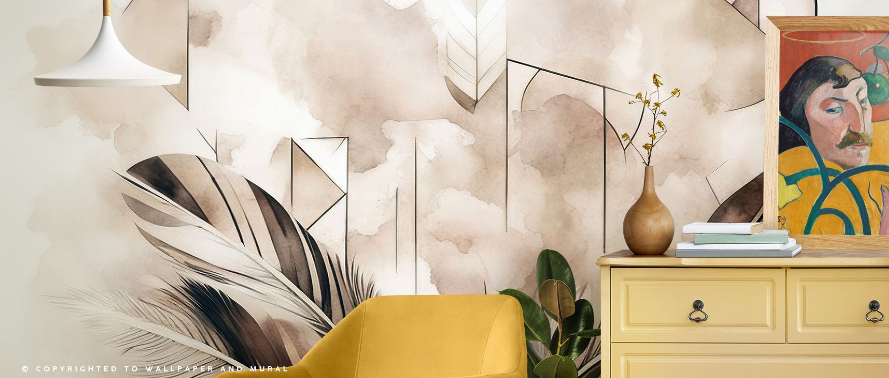Feather Geometry Yellow Wallpaper presents radiant artistry, feathers shaped into geometric repetition. Its golden tones illuminate offices or living rooms with energy, filling interiors with vibrant brightness and balanced detail. 