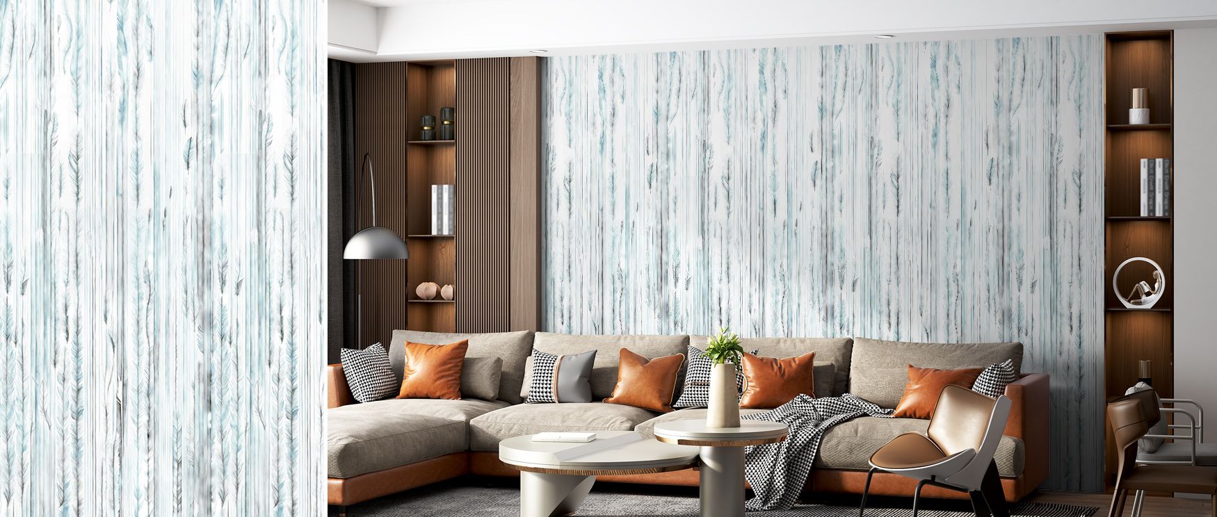Grace and charm define Feathers Melody Teal Wallpaper, delicate feathers arranged in rhythmic layers across rich teal tones. This composition enhances offices or bedrooms, filling interiors with natural calm, elegant artistry, and balanced atmosphere that