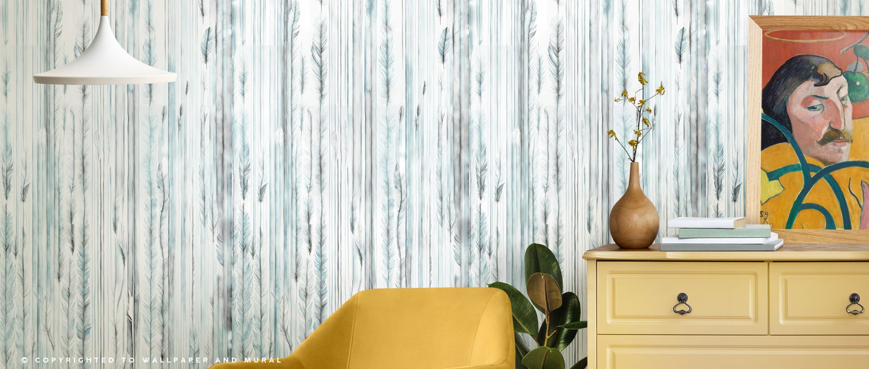 Subtle detailing marks Feathers Melody Teal Wallpaper, each feather painted across teal depths with luminous artistry. The wallpaper enhances bedrooms or living rooms with atmosphere that balances serenity, elegance, and natural-inspired calm, surrounding