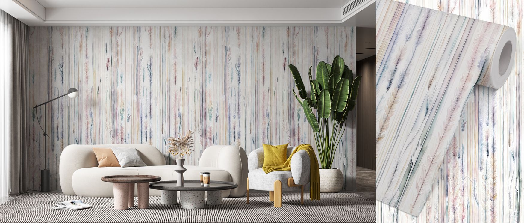 Luminous charm shines within Feathers Melody Yellow Wallpaper, radiant yellow feathers drifting across patterns. Interiors like playrooms or bedrooms glow with vibrant presence, cheerful atmosphere, and uplifting artistry that enrich walls with balance, j