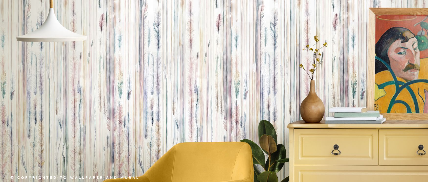 Feathers Melody Yellow Wallpaper builds luminous atmosphere through delicate motifs painted in radiant tones. Bedrooms or playrooms glow with cheerful vibrancy, joyful balance, and uplifting artistry, transforming interiors into spaces enriched with natur