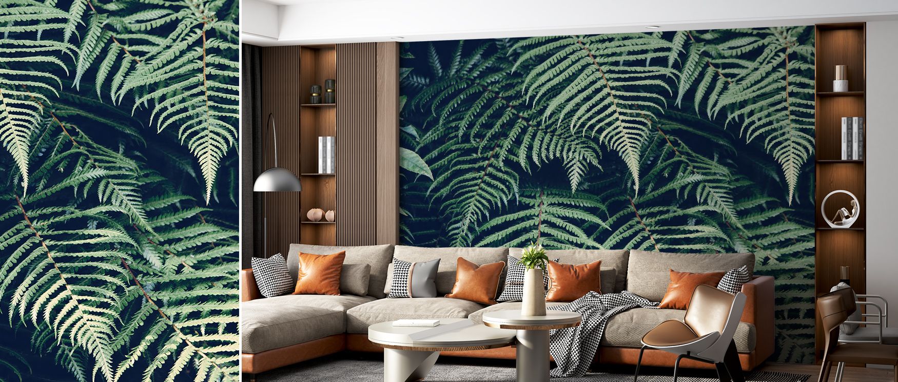 Fern Leaves Wallpaper enriches interiors with delicate fronds painted in luminous tones of green. Bathrooms or living rooms glow with botanical grace, natural calm, and refined beauty, their atmosphere filled with charm and timeless artistry. 