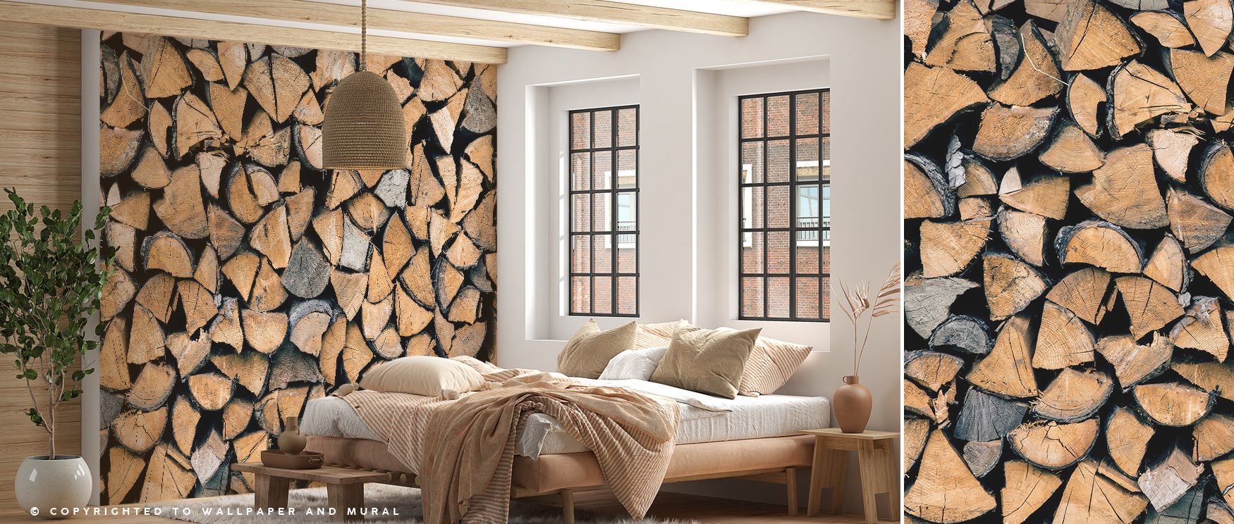 Firewood Rustic Wallpaper reflects rustic charm, its wood textures rendered with authentic detail in warm brown hues. Living rooms or bedrooms shine with cozy elegance, surrounding interiors with atmosphere that balances natural presence, inviting warmth,