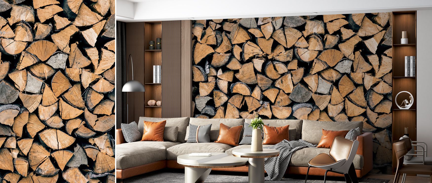 A rustic rhythm flows across Firewood Rustic Wallpaper, its grain patterns detailed in warm tones. This design enhances living rooms or bedrooms with cozy beauty, grounded calm, and natural artistry, surrounding interiors with refined warmth and timeless 