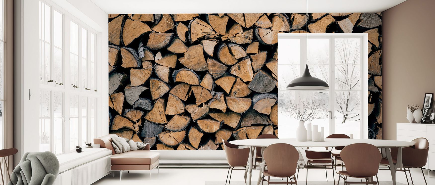 The cozy presence of Firewood Rustic Wallpaper enriches interiors with stacked wood artistry, tones of amber and beige flowing across walls. Studies, living rooms, or bedrooms shine with rustic calm, natural charm, and timeless warmth, surrounding spaces 