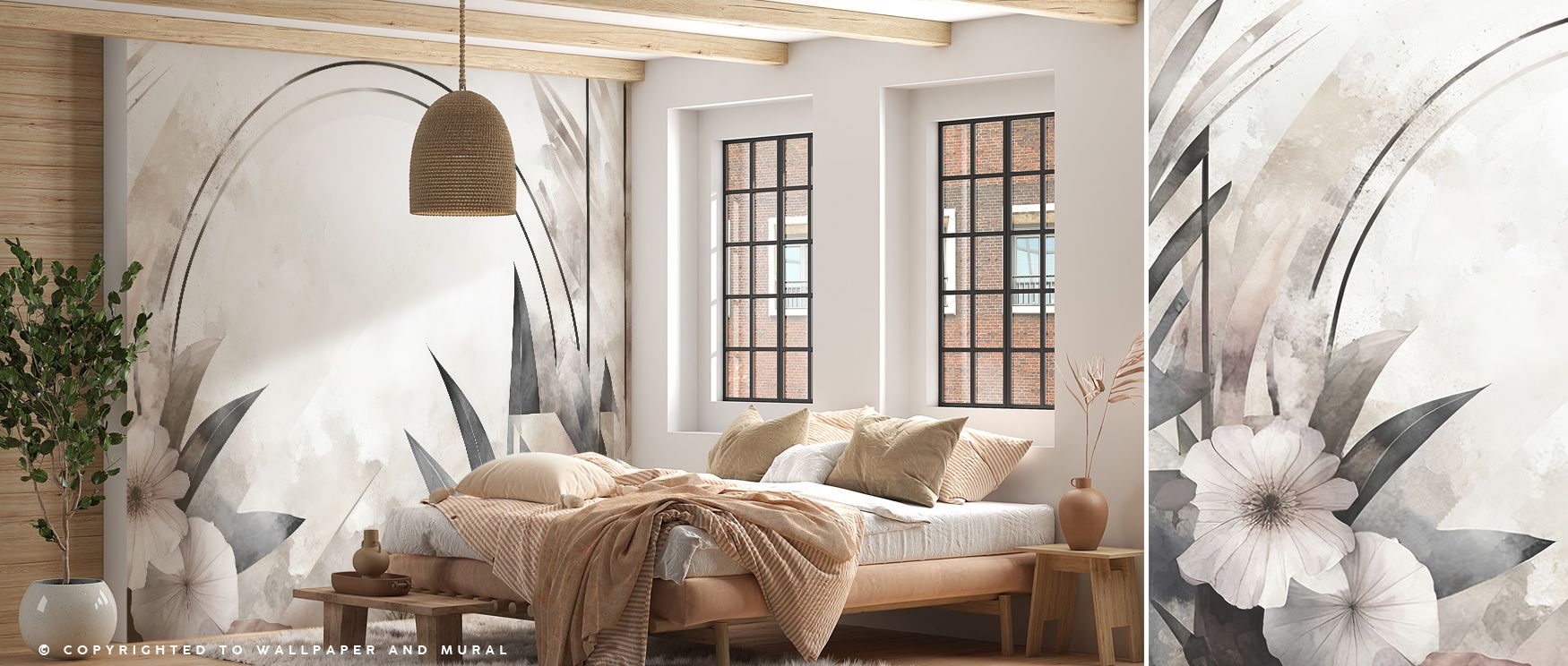 Floral Abstract Soft Wallpaper reflects luminous artistry, blossoms painted in muted shades of grey and blush. Bedrooms or living rooms glow with delicate calm, refined detail, and quiet charm, transforming interiors into serene havens enriched with elega