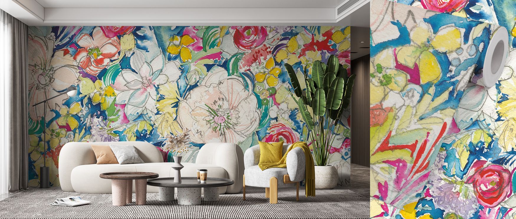 Blossoms painted in radiant hues define Floral Explosion Wallpaper, patterns arranged in dynamic rhythm. Bedrooms or living rooms glow with vibrancy, lively charm, and uplifting brilliance, surrounding interiors with energy and bold floral artistry. 