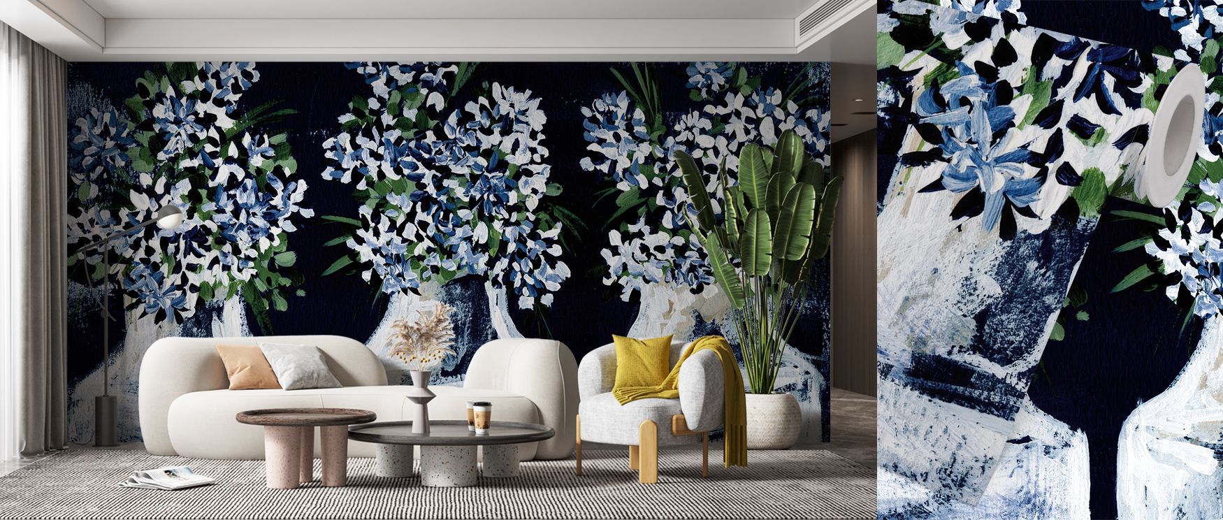 Florals in Glass Wallpaper enriches interiors with bouquets in vases, blossoms painted with luminous softness. Living rooms or bedrooms glow with calm artistry, natural charm, and timeless balance, surrounding walls with elegance and graceful refinement. 