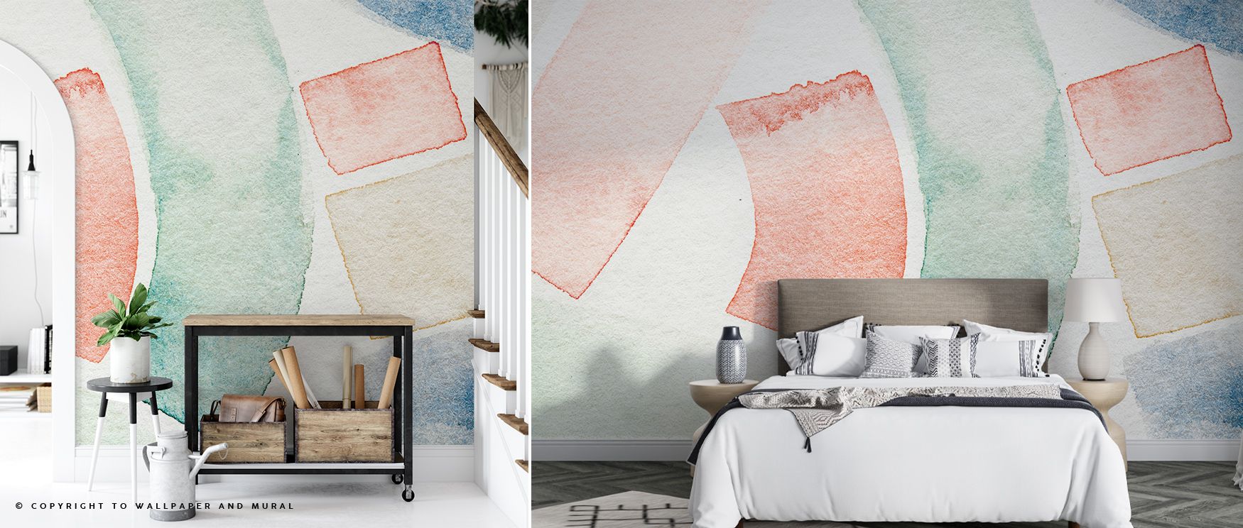 Flowing Abstract Wallpaper reveals contemporary charm, patterns painted in tones of blue and coral. Living rooms or offices glow with vibrant energy, artistic balance, and lively brilliance, surrounding interiors with refined presence and modern artistry.