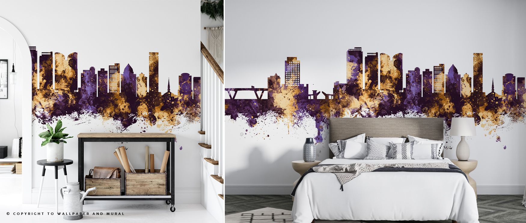 Fort Lauderdale Florida Skyline Purple & Gold Wallpaper reflects metropolitan character, skyline motifs arranged in regal tones. Living rooms or offices glow with luminous artistry, urban elegance, and refined charm, surrounding interiors with architectur