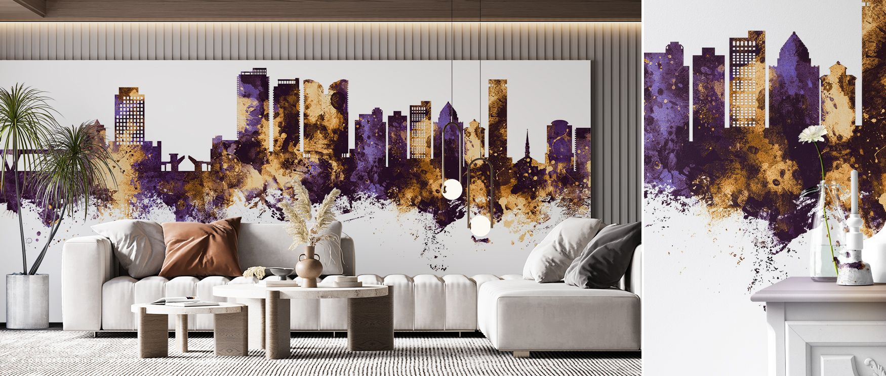 Fort Lauderdale Florida Skyline Purple & Gold Wallpaper builds urban charm, skyline imagery layered with luminous tones. Living rooms or offices glow with refined elegance, metropolitan brilliance, and architectural artistry, enriching interiors with soph