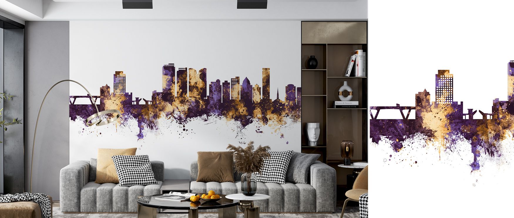 Fort Lauderdale Florida Skyline Purple & Gold Wallpaper enriches interiors with urban artistry, skyline detailed in purple and gold hues. Offices or living rooms glow with refined atmosphere, architectural elegance, and metropolitan charm, surrounding int